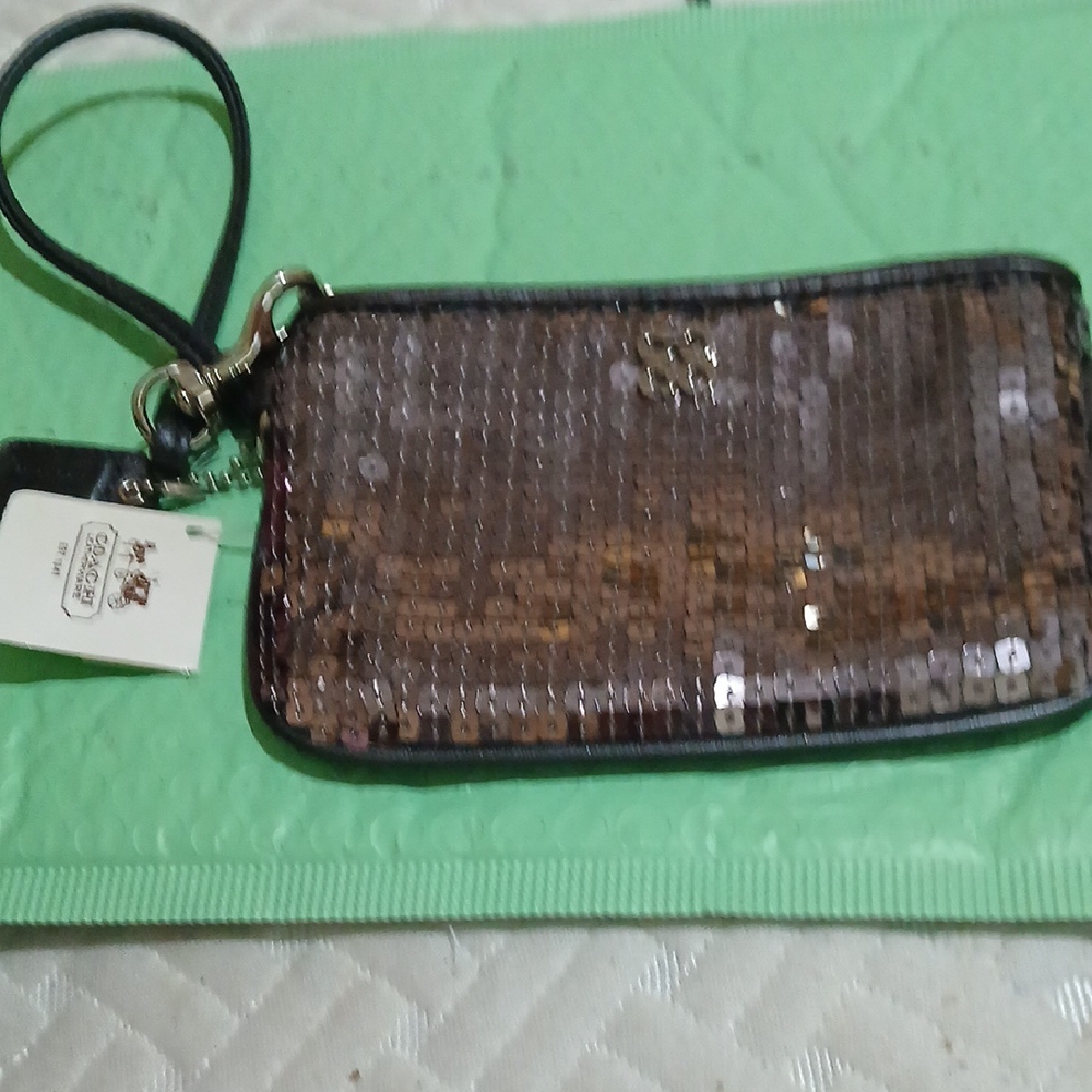Coach Gunmetal Sequin Wristlet with Black Trim